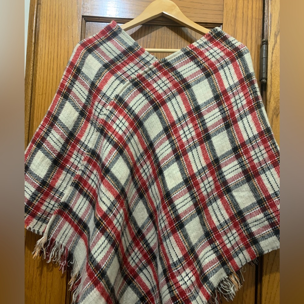 Plaid Fringe Poncho in Cream, Red & Black - Picture 2 of 3